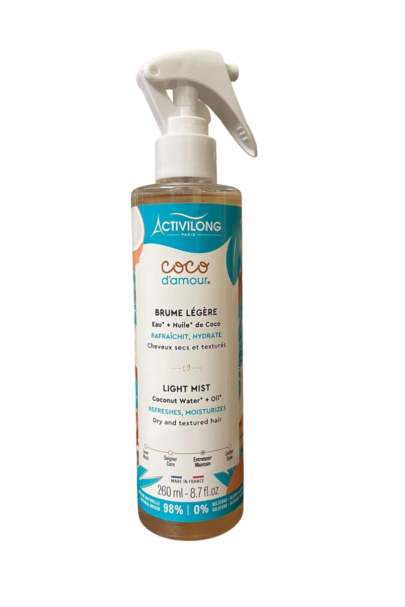 ACTIVILONG Coco d’Amour – Brume Légère à l’Huile de Coco
Spray léger hydratant à l’huile de coco
Réveille et rafraîchit les boucles
Apporte douceur et éclat sans alourdir
Parfum tropical délicat et naturel