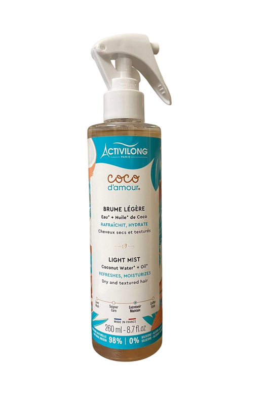 ACTIVILONG Coco d’Amour – Brume Légère à l’Huile de Coco  
Spray léger hydratant à l’huile de coco  
Réveille et rafraîchit les boucles  
Apporte douceur et éclat sans alourdir  
Parfum tropical délicat et naturel
