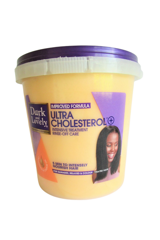 DARK AND LOVELY Masque Intensif Ultra Cholesterol  
Deep conditioning treatment  
Restores moisture and strengthens hair  
Ideal for dry, damaged, or chemically treated hair  
Enhances softness and shine