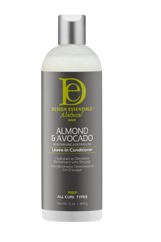 DESIGN ESSENTIALS Almond & Avocado Detangling Leave-In Conditioner 12 oz  
Moisturizing leave-in conditioner for easy detangling  
Formulated with almond and avocado oils  
Softens hair and reduces breakage  
Perfect for curly, coily, and textured hair types