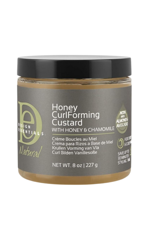 DESIGN ESSENTIALS Honey Curl Foaming Custard 12 oz  
Curl defining foam for soft, bouncy curls  
Hydrates and enhances natural curl pattern  
Lightweight, non-greasy formula  
Perfect for all curl types, especially textured hair